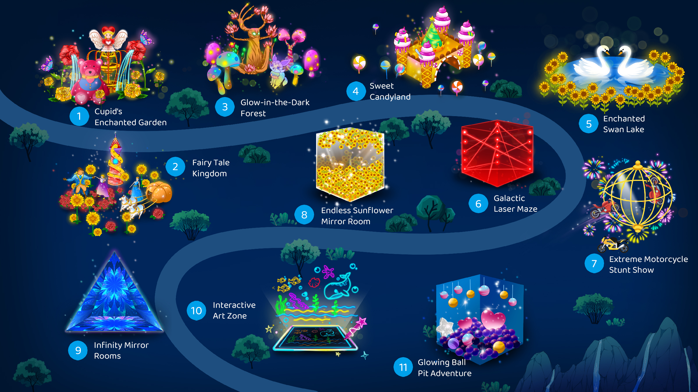 olorful fantasy park map with attractions like Cupid’s Enchanted Garden, Fairy Tale Kingdom