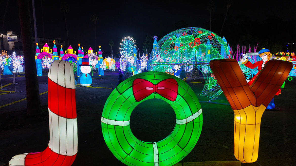 JOY lights with wreath and candy canes