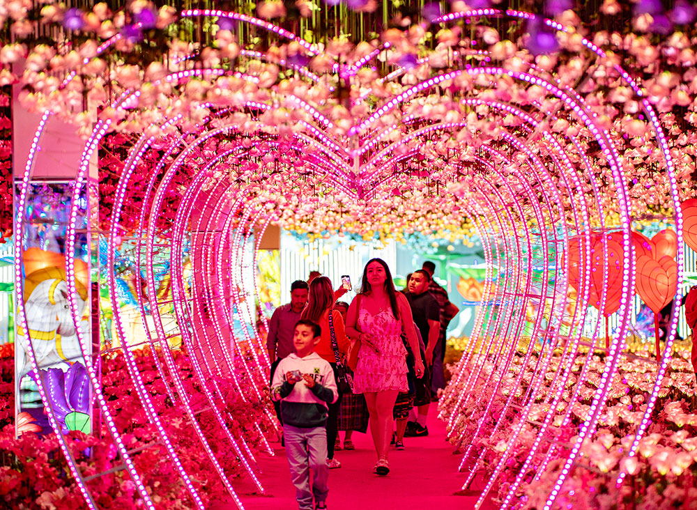 A young boy walks in front of a woman underneath a pink lit heart tunnel and a ceiling of flowers.